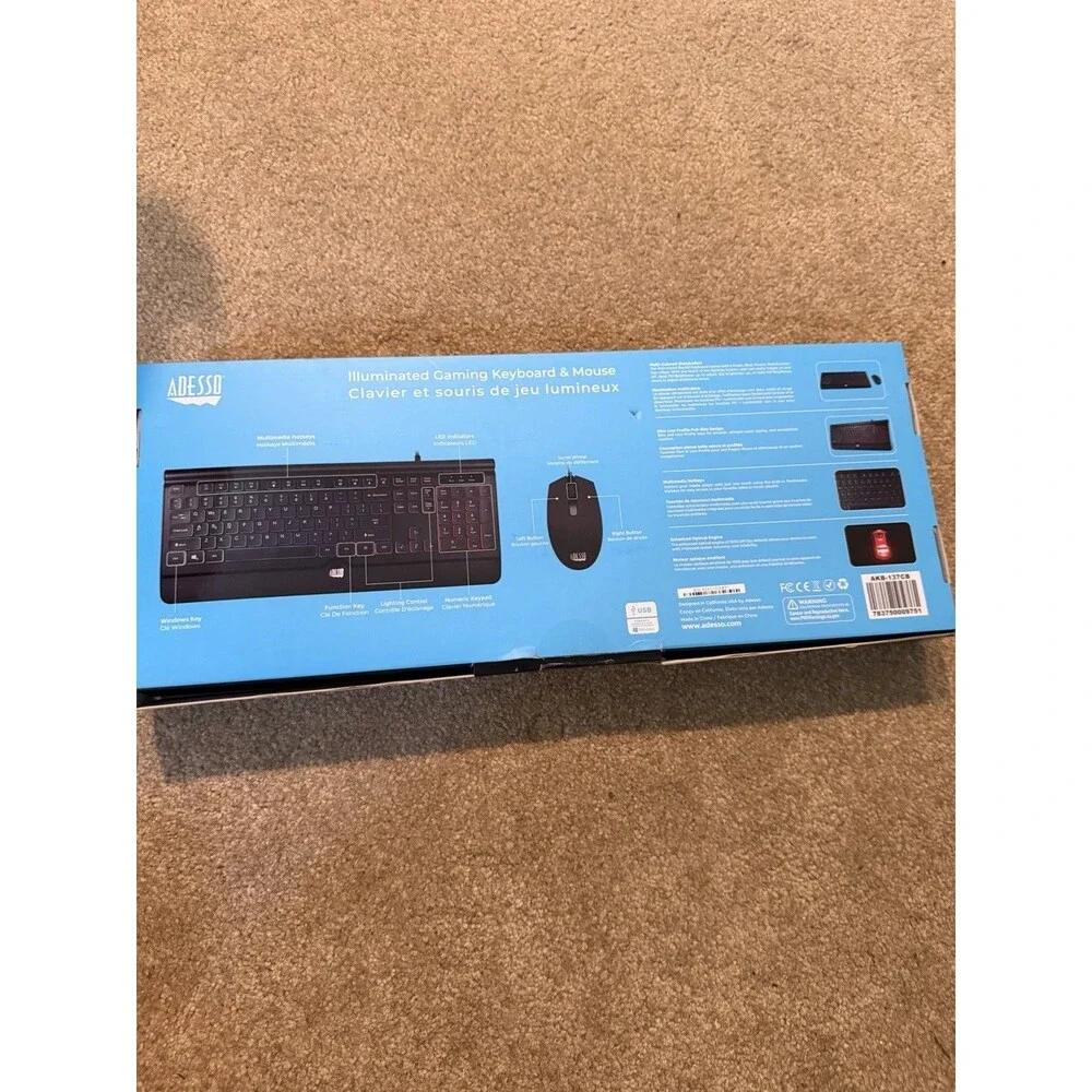 Adesso Multi-Color Illuminated Slim Low Profile Gaming Keyboard & Mouse NIB